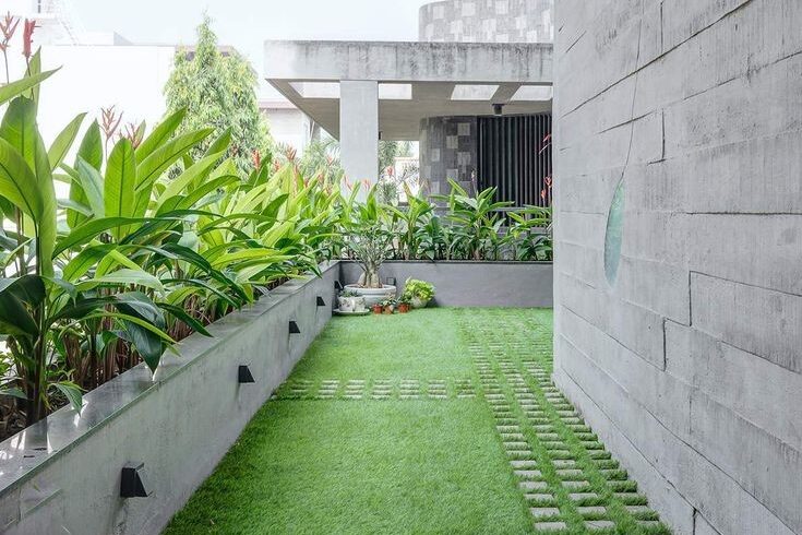 Contemporary landscape designing with green lawn, lush plants, and modern concrete boundaries in an outdoor garden area.