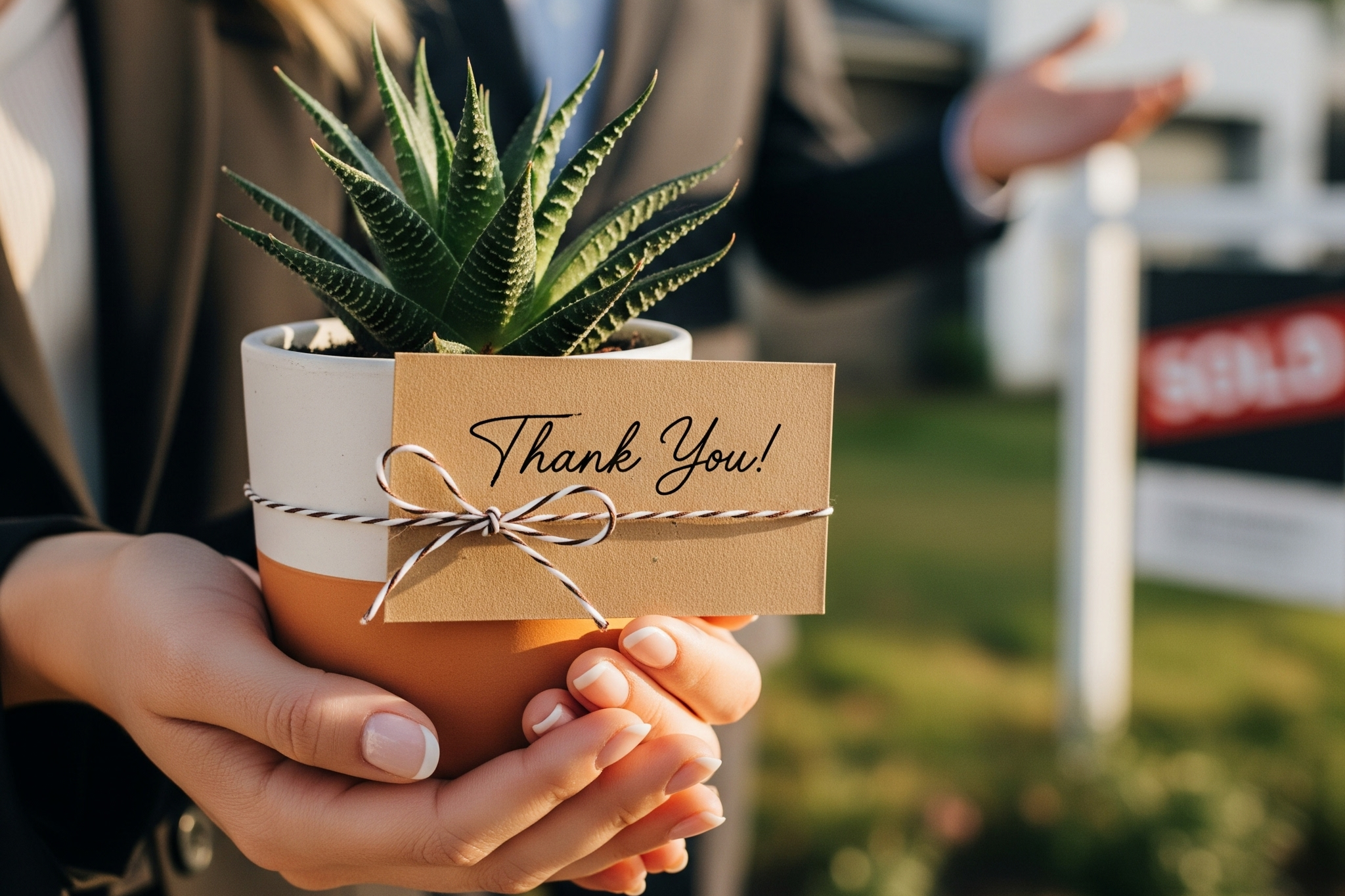 A person holding a small potted succulent with a “Thank You!” tag, representing Sustainable Corporate Gifts that promote eco-friendly and thoughtful appreciation in a professional setting.