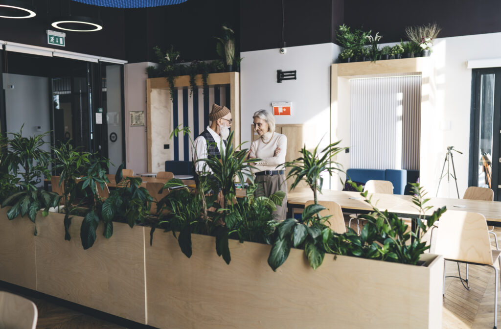 Green leafy indoor plants creatively arranged in large planters, illustrating commercial landscape designing in a contemporary office space.
